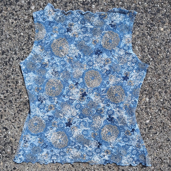 Blue Vanity Sheer Mesh Tank Top Ruffled lettuce trim, wrap style top - Picture 3 of 8